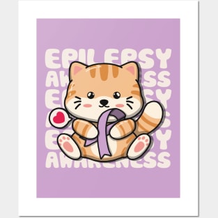 Cute Cat Holding Epilepsy Awareness Ribbon Posters and Art